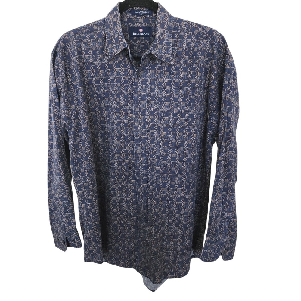 Vintage Bill Blass Mens Blue Geometric Abstract Print 100% Cotton Button Down M